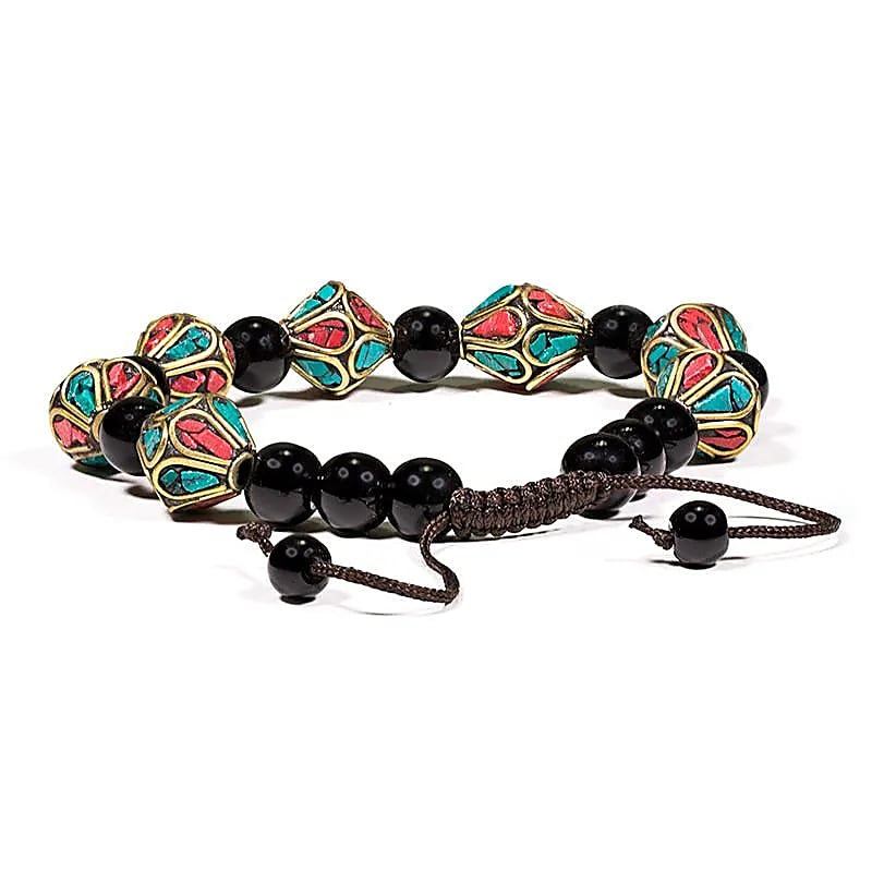 Adjustable bracelet in turquoise, coral, and black agate