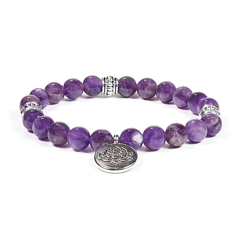Amethyst Bracelet with Lotus Symbol, Stretchable