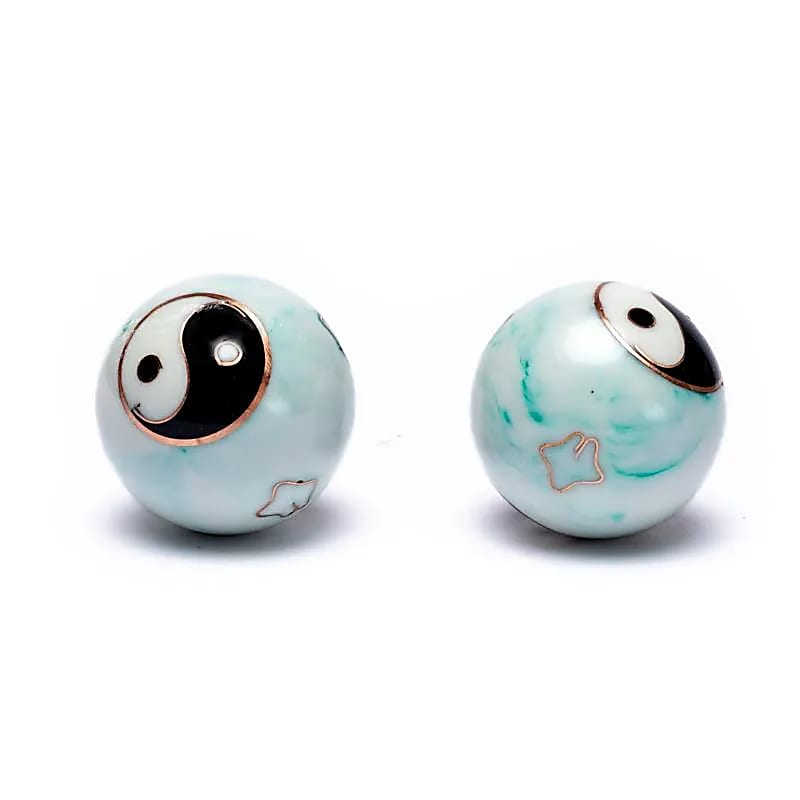 Baoding Balls - Chinese Meditation Balls - Yin Yang Tai Chi White/Green Marbled - 3.5cm
