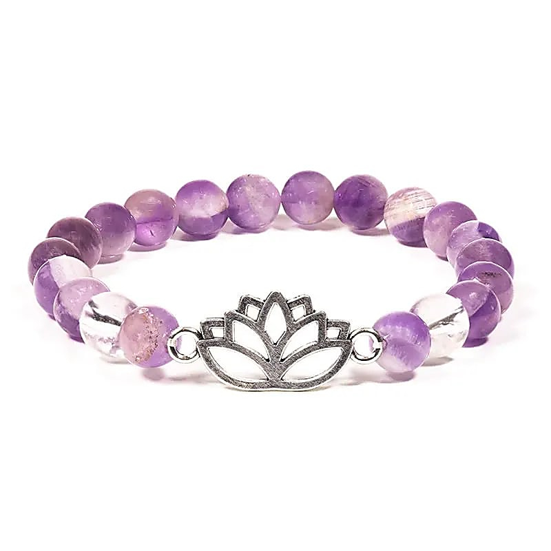 Bracelet - Chevron Amethyst and Clear Quartz + Lotus
