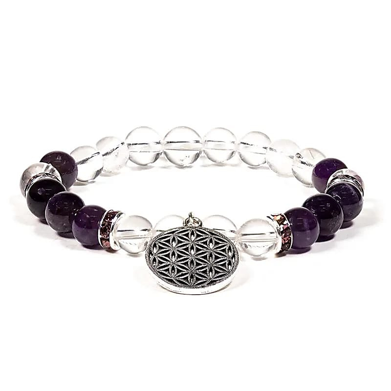 Bracelet - Clear Quartz and Amethyst + Flower of Life