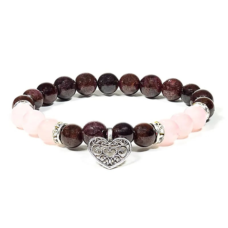 Bracelet - Garnet and Rose Quartz + Heart, Elastic