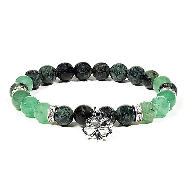 Bracelet - Kambaba Jasper and Green Aventurine + Four-Leaf Clover