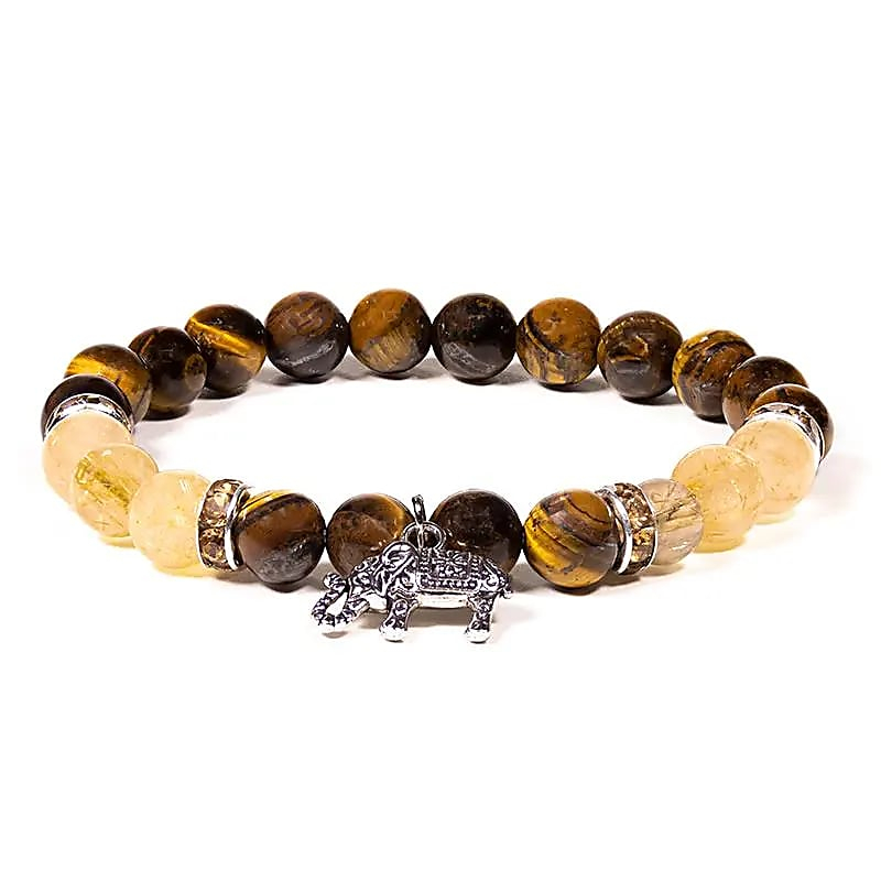 Bracelet - Tiger Eye and Rutilated Quartz + Elephant, Stretchable