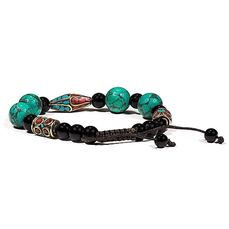 Bracelet - Turquoise, Coral and Black Agate, Adjustable - 23g