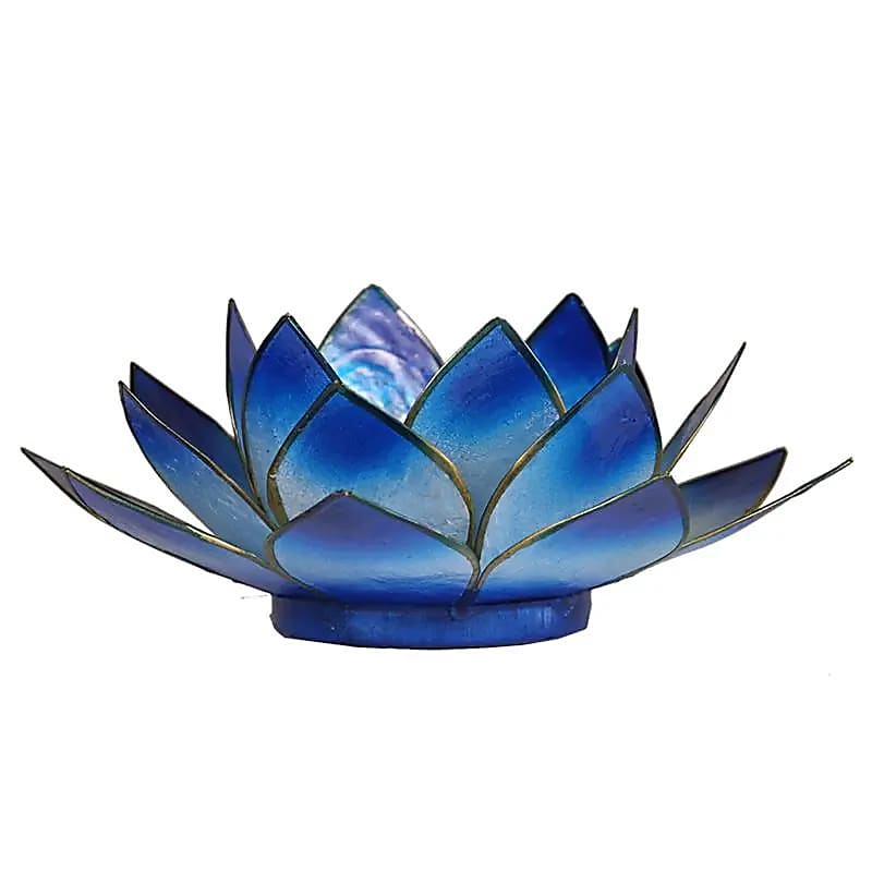 Capiz Shell Lotus Candle Holder - Blue, Gold Trim