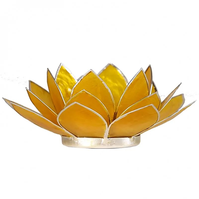 Capiz Shell Lotus Candle Holder - Chakra 3 (Yellow), Silver Trim
