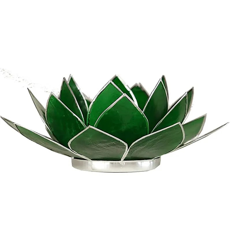 Capiz Shell Lotus Candle Holder - Chakra 4 (Green), Silver Trim