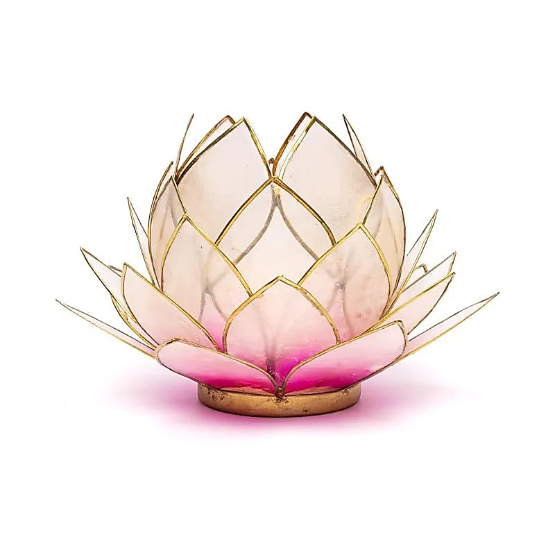Capiz Shell Lotus Candle Holder - Light Pink, Large, with Gold Trim