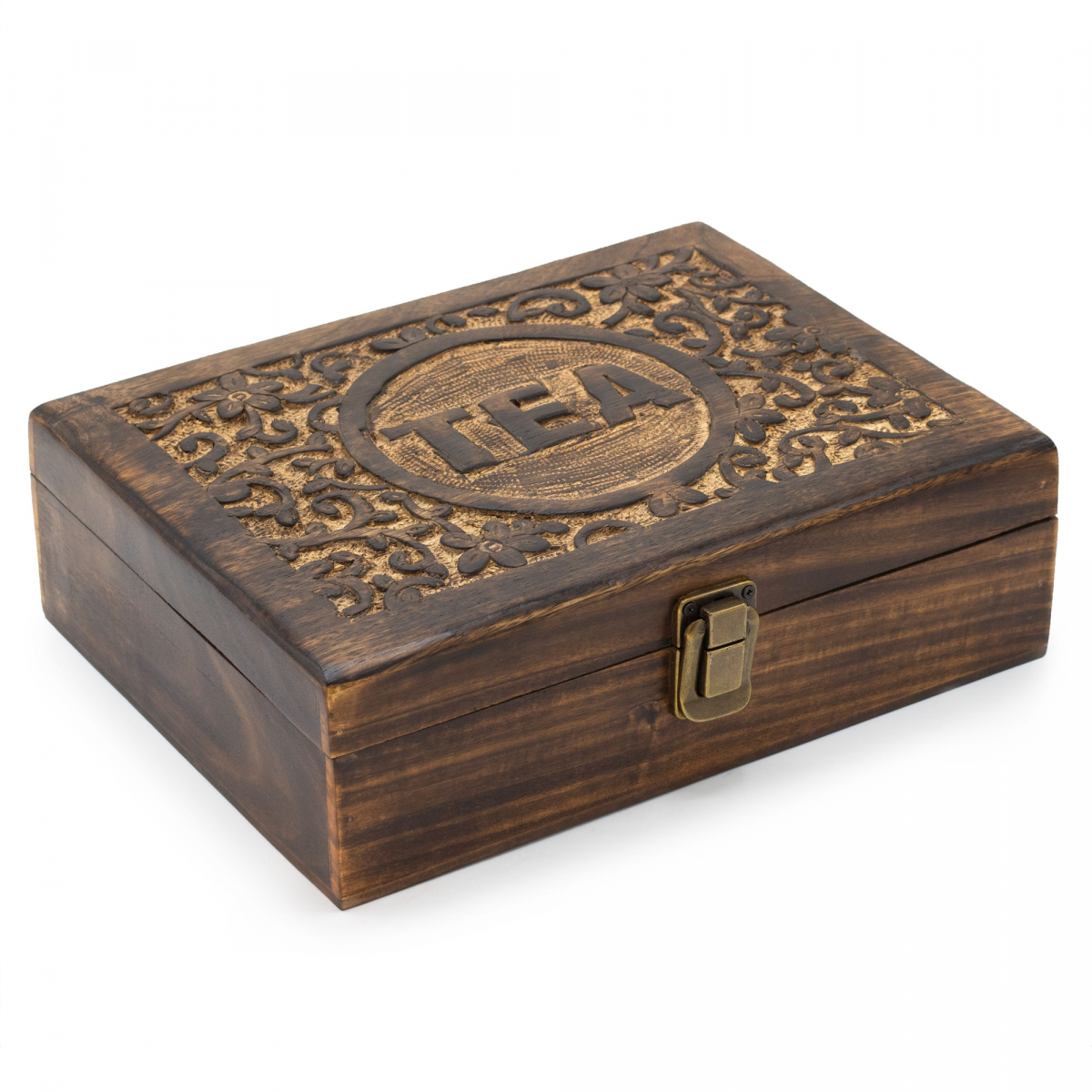 Carved Mango Wood Tea Box - 12 Compartments