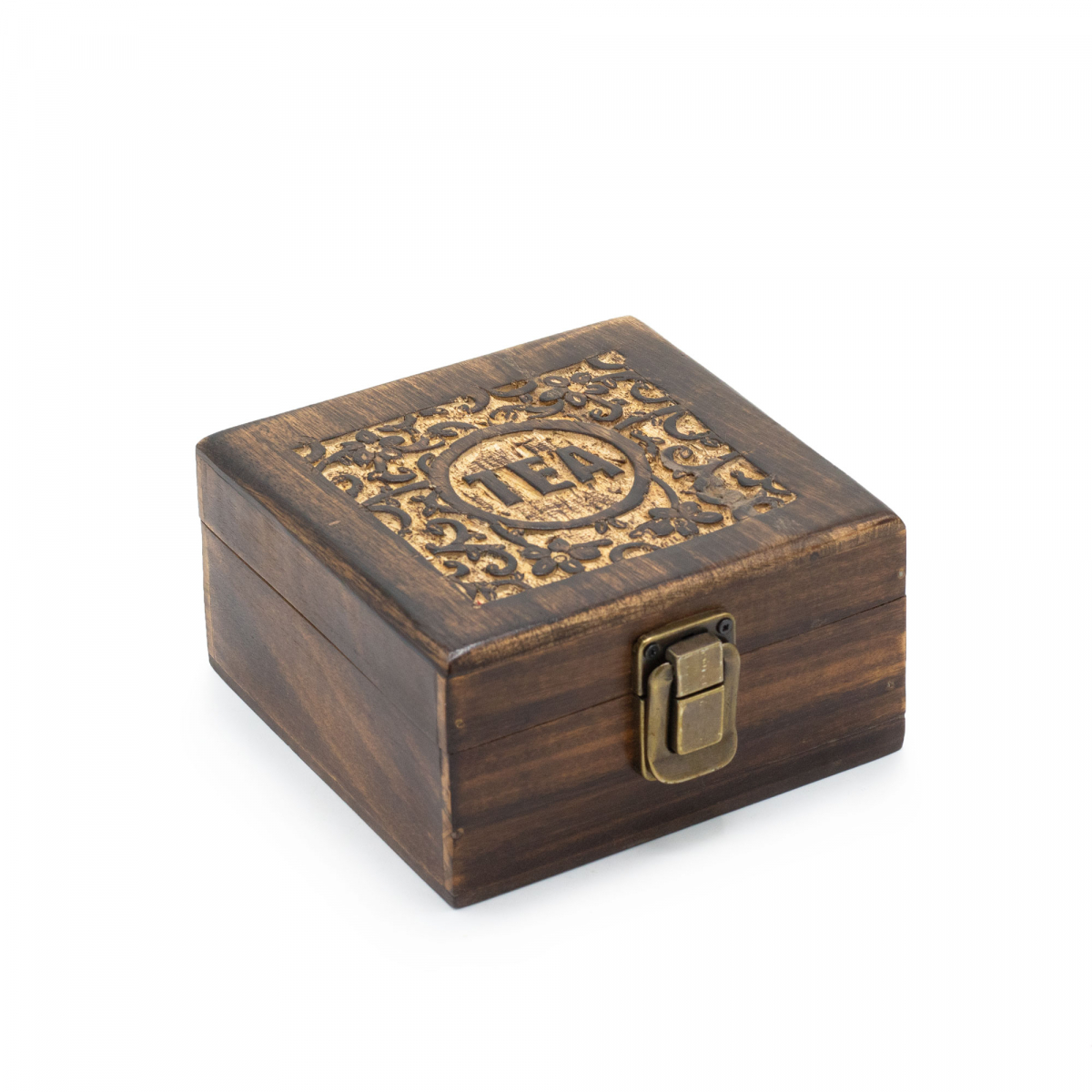 Carved Mango Wood Tea Box - 4 Compartments
