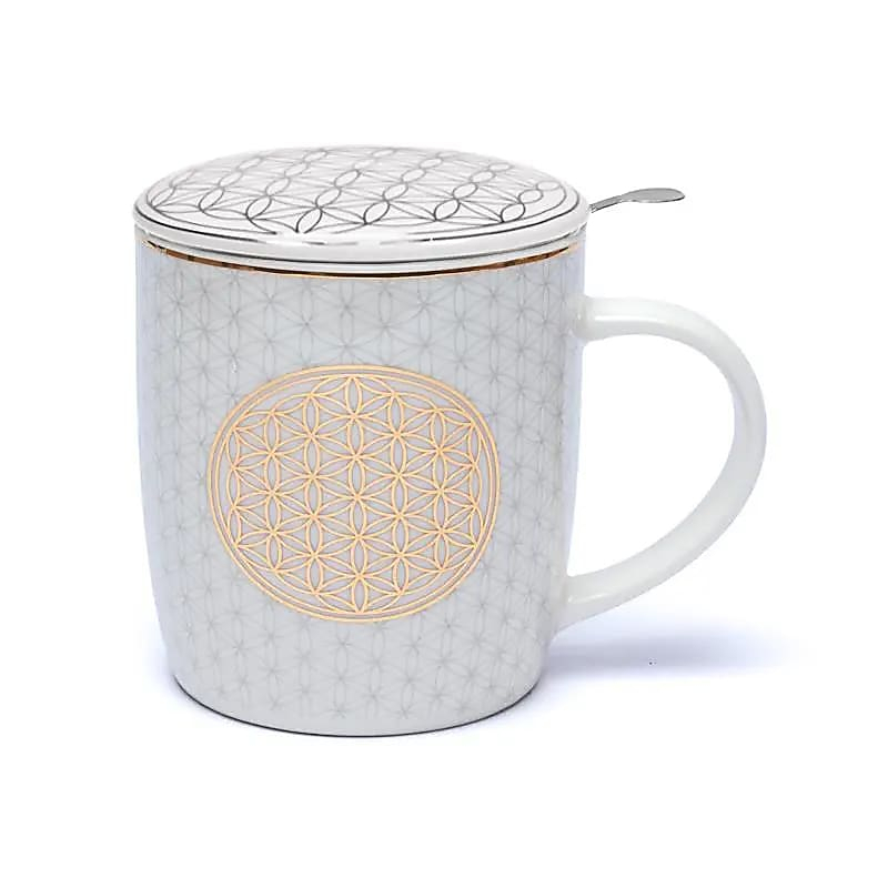 Ceramic mug with strainer and lid - Flower of Life, 400 ml