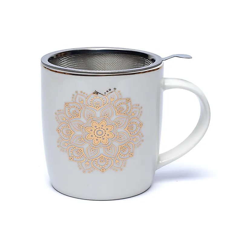 Ceramic Mug with Strainer - Mandala (White), 400 ml