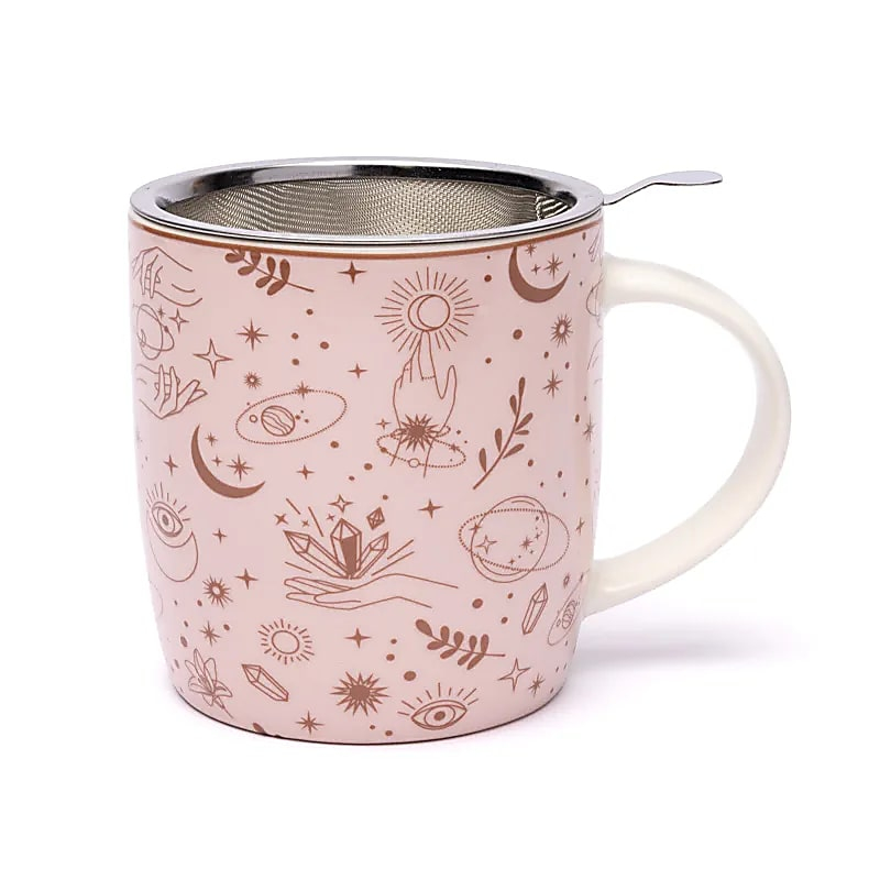 Ceramic Mug with Strainer - Mystical Symbols (Pink), 400 ml