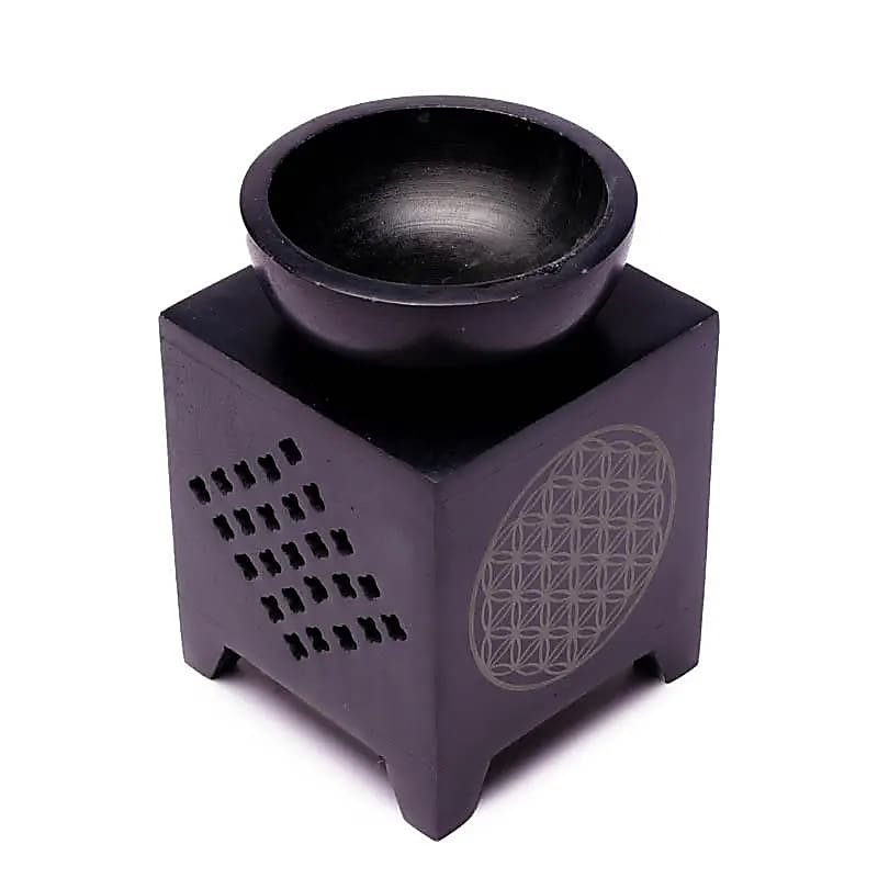 Flower of Life Aroma Lamp made of soapstone - black, height 11 cm