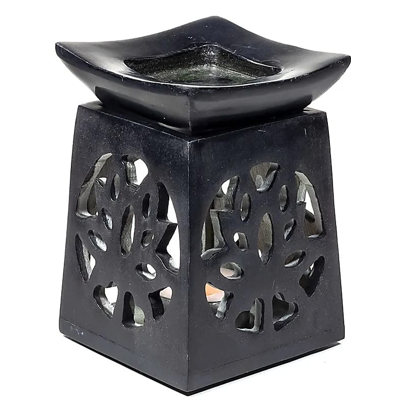 Lotus Aroma Lamp made of polished Soapstone - Black, 11 x 8 cm