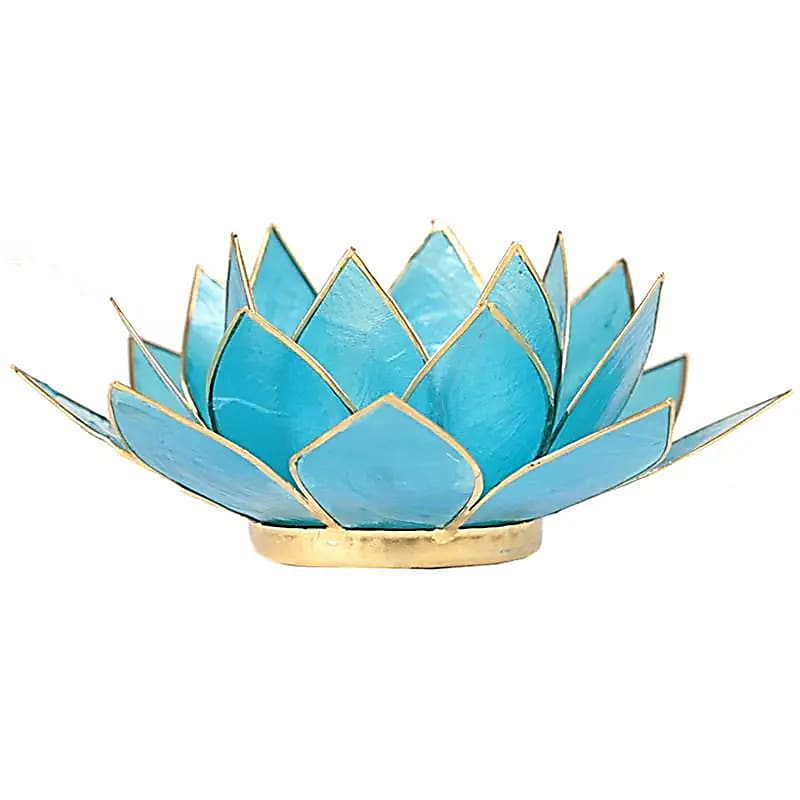Lotus Shell Capiz Candle Holder - Chakra 5 (Blue), Gold Trim