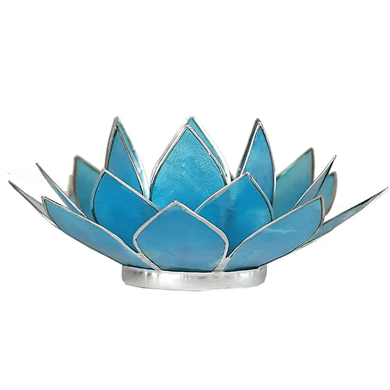 Lotus Shell Capiz Candle Holder - Chakra 5 (Blue), Silver Trim
