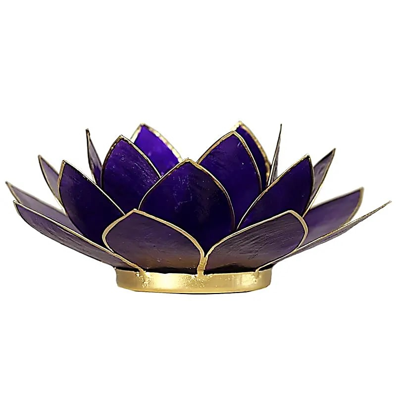 Lotus Shell Capiz Candle Holder - Chakra 7 (Purple), Gold Trim