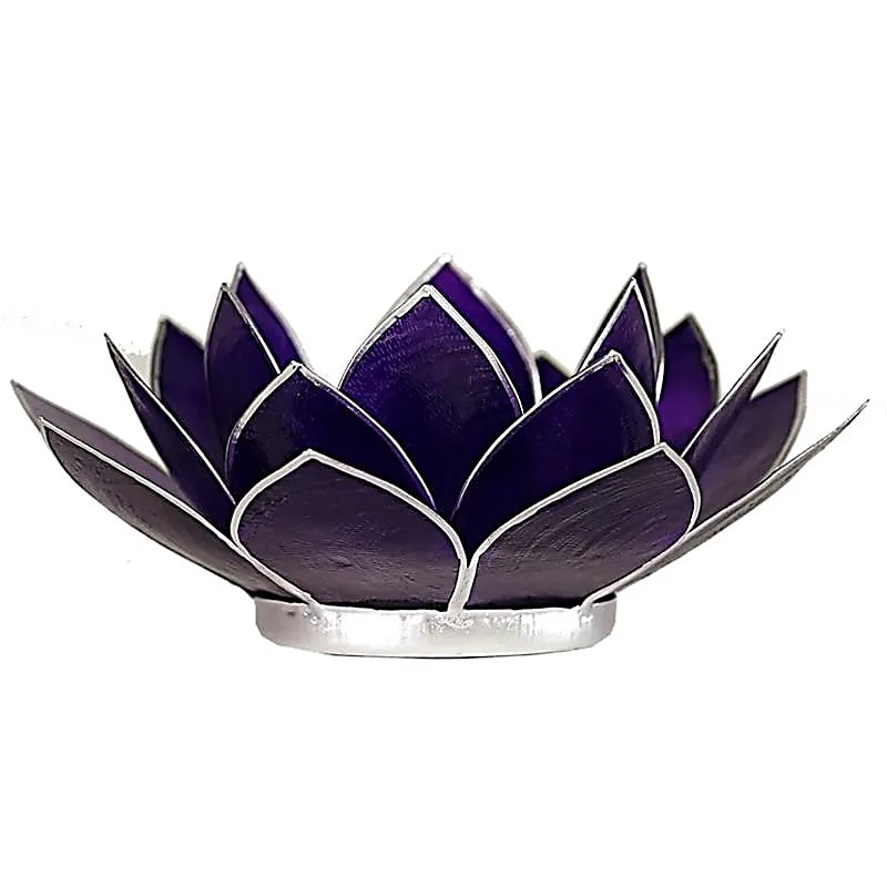 Lotus Shell Capiz Candle Holder - Chakra 7 (Purple), Silver Edge