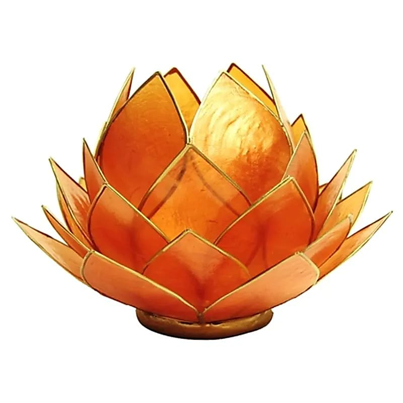 Lotus Shell Capiz Candle Holder - Orange, Large, Gold Trim