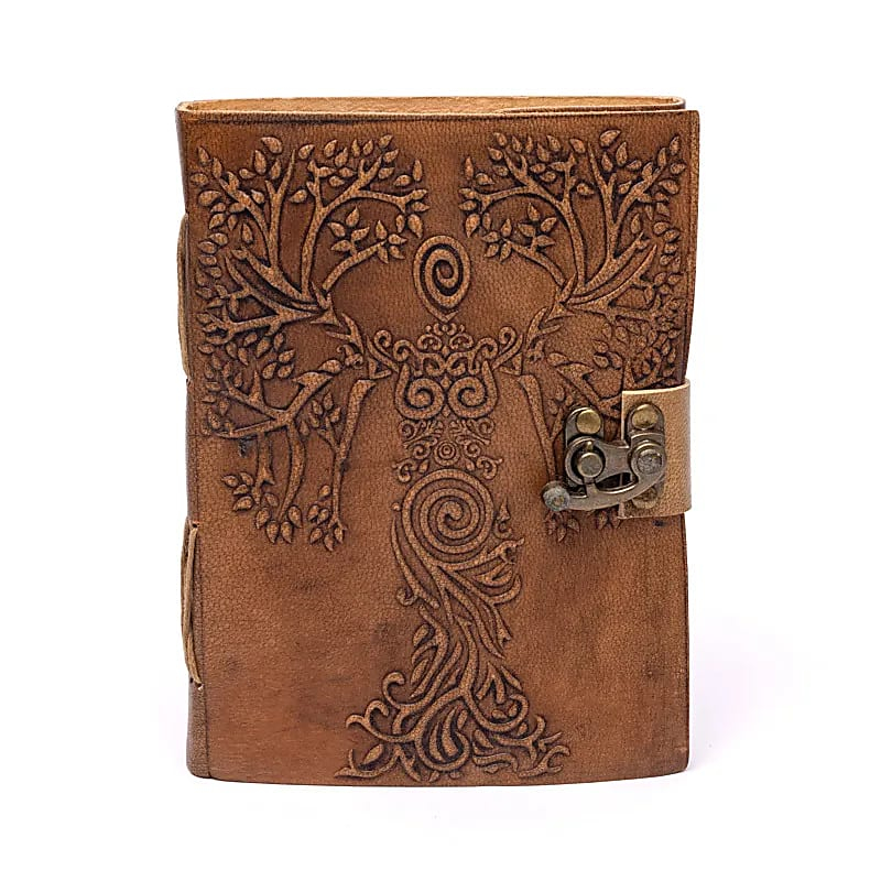 Notebook Goddess & Tree of Life - PU leather, metal lock (18 × 13 cm)