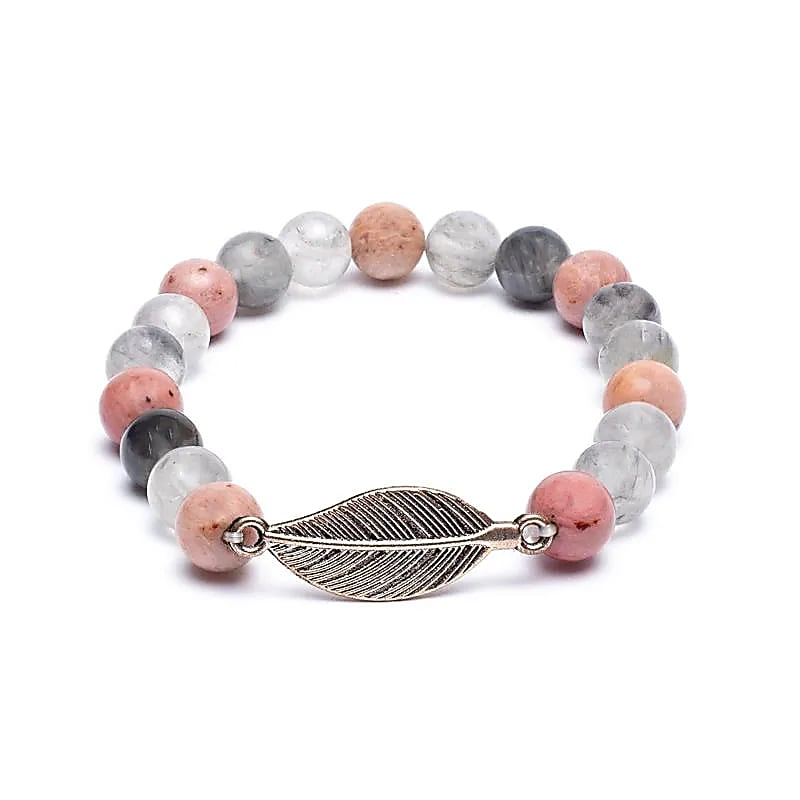 Rhodonite and Grey Quartz Bracelet + Feather