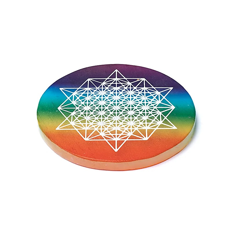Selenite Coaster - 64-pointed Tetrahedron (64-Star Tetrahedron), 9 x 0.8 cm