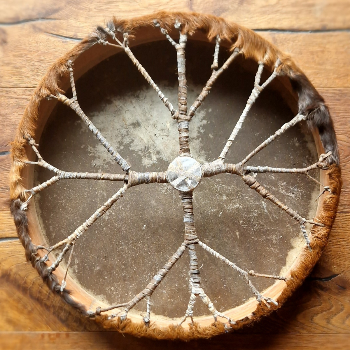 Shamanic Drum 46cm Ash Solid with Stone - Goat Skin with Fur - Petrovič Drums
