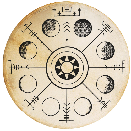 Vegvísir Shaman Drum - Moon Phases Circular 50cm - Goat Skin