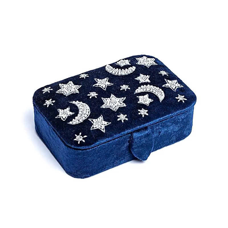Velvet Jewelry Box / Tarot Case - Dark Blue with Moon and Stars