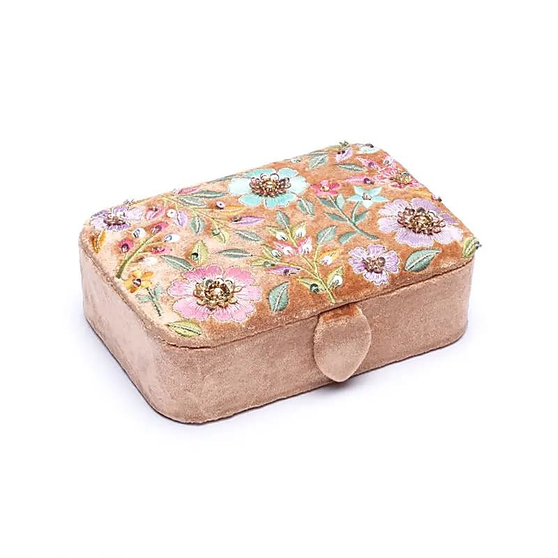 Velvet Jewelry / Tarot Box - Beige with Flowers