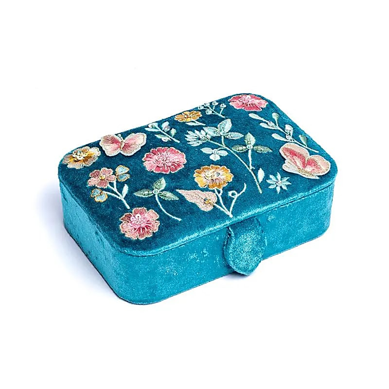 Velvet Jewelry / Tarot Box - Blue with Flowers