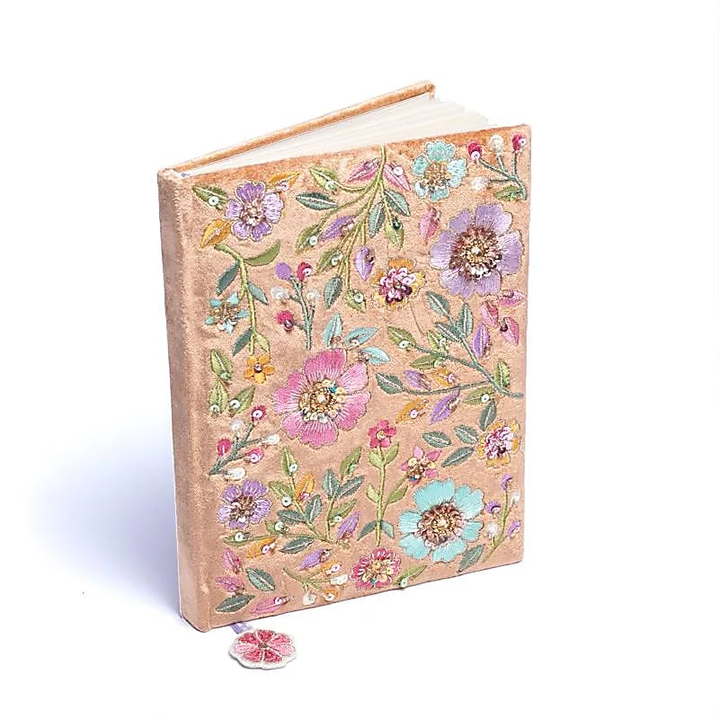 Velvet Notebook - Beige with Flowers (20 x 15 cm)