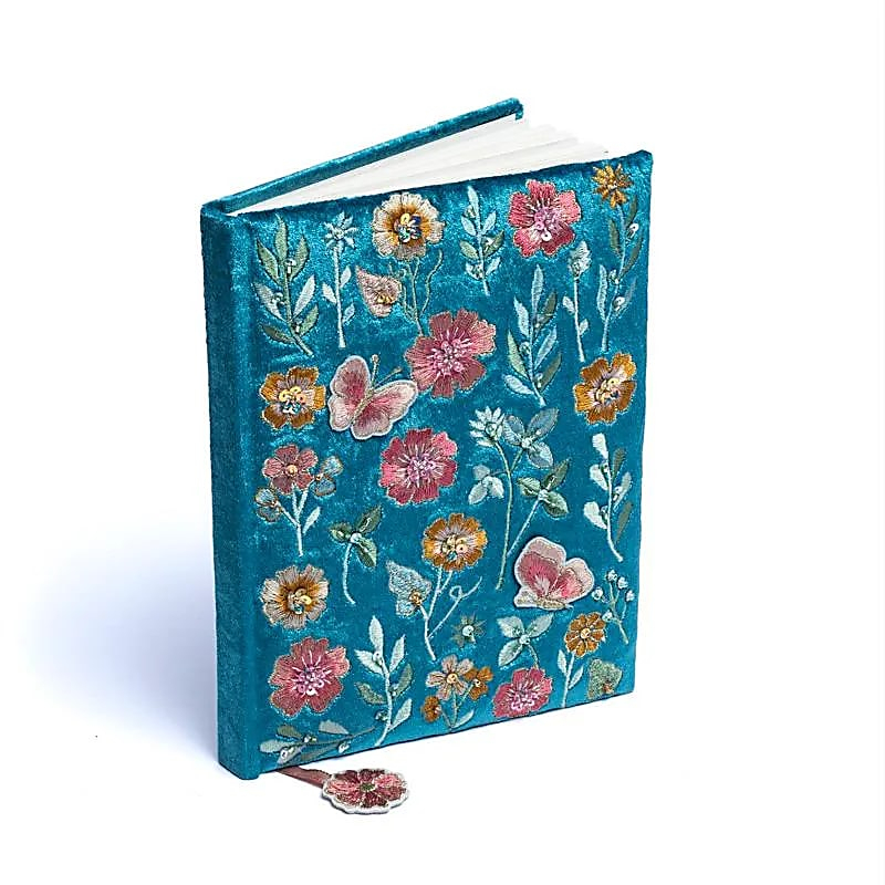 Velvet Notebook - Blue with Flowers (20 x 15 cm)