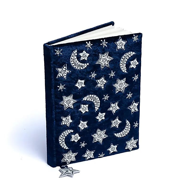 Velvet Notebook - Dark Blue with Moon and Stars (20 x 15 cm)