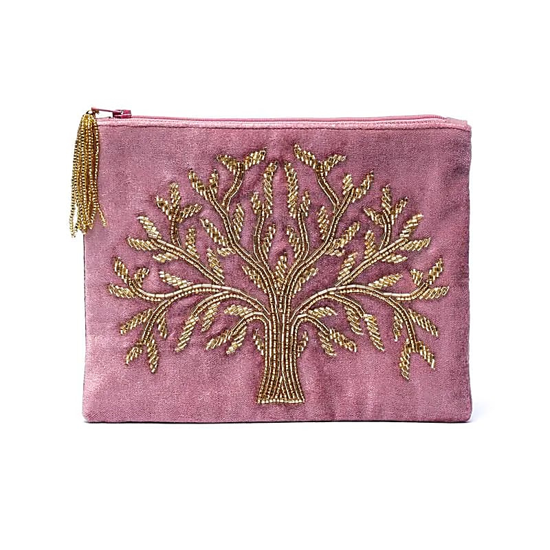 Velvet Zip Case - Pink with Tree of Life (20 x 15 cm)