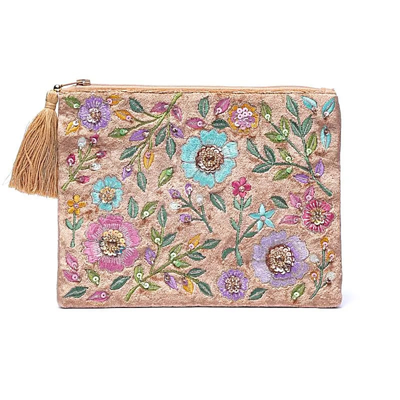 Velvet Zipper Case - Beige with Flowers (20 × 15 cm)