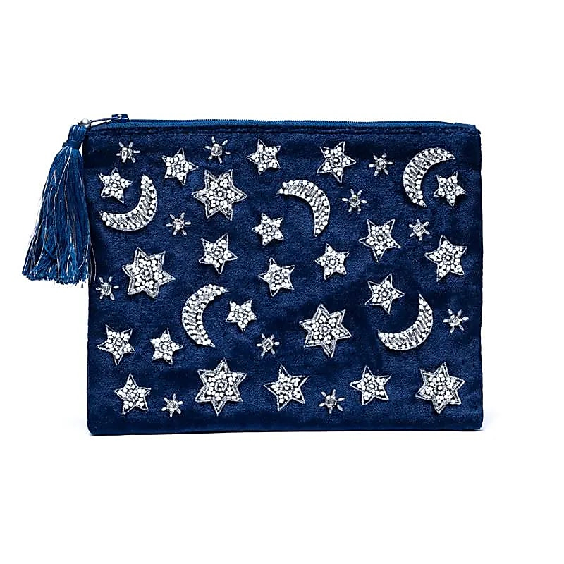 Velvet Zipper Case - Dark Blue with Moon and Stars (20 x 15 cm)