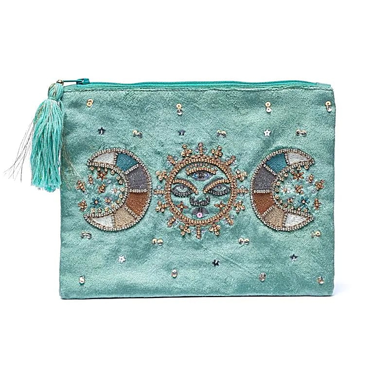 Velvet Zipper Case - Mint with Moon Phases (20 x 15 cm)