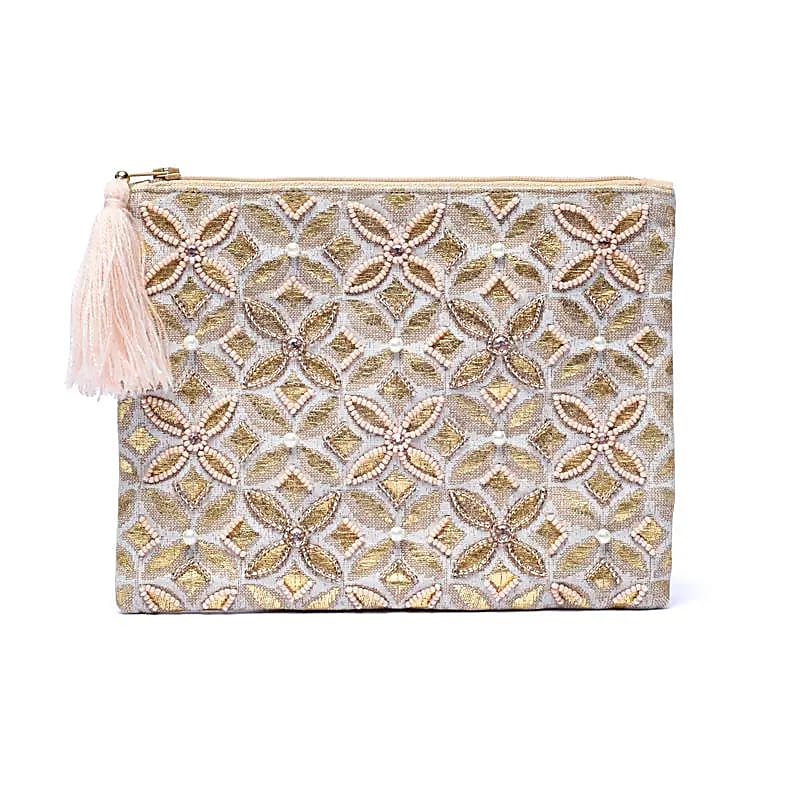 Velvet Zipper Pouch - Beige-Gold with Flower of Life (20 × 15 cm)