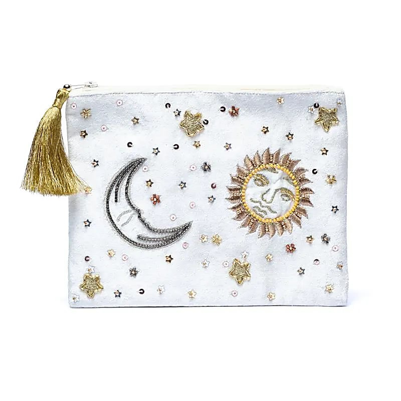 Velvet Zipper Pouch - White with Sun and Moon (20 × 15 cm)