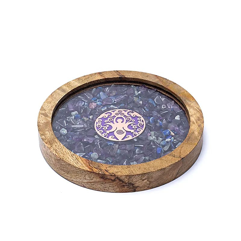 Wooden Coaster - Goddess, Amethyst and Lapis Lazuli, ⌀ 10 × 1.7 cm