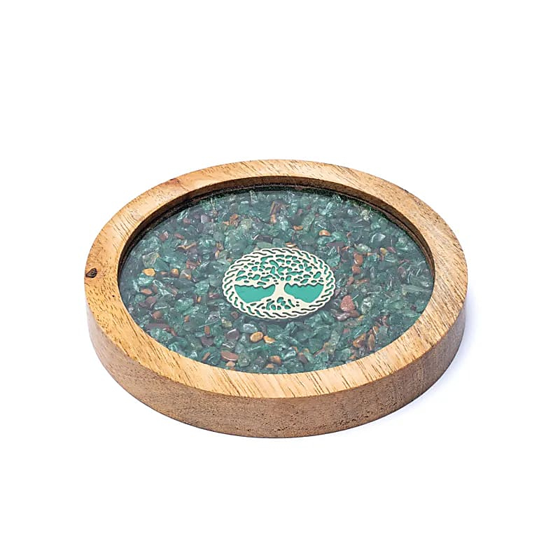 Wooden coaster - Tree of Life, Aventurine and Tiger Eye, ⌀ 10 cm